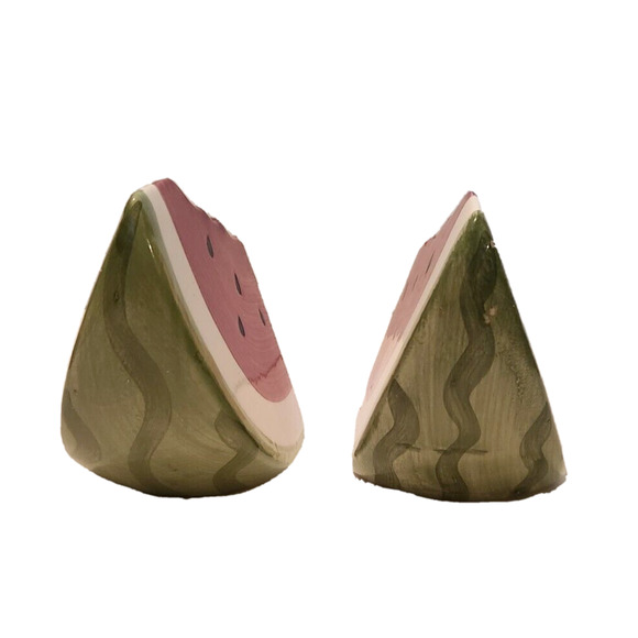 Watermelon Fruit Ceramic Salt and Pepper Shakers Red Green Slices w/ Seeds - Picture 3 of 8